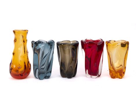 Four Powell & Sons Whitefriars twisted lobed vases, after the original by William Wilson under Artic blue, Twilight blue, rub