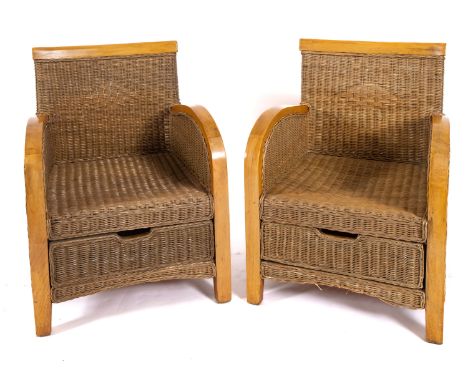 A pair of beech and wicker armchairs in Art Deco taste, later 20th century; the backrests with lozenge motifs beneath horizon
