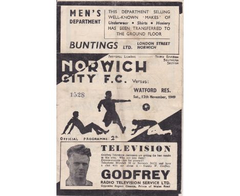 NORWICH RES-WATFORD 1949   Norwich City Reserves home programme v Watford Reserves, 12/11/49, standard programme size, ink ma