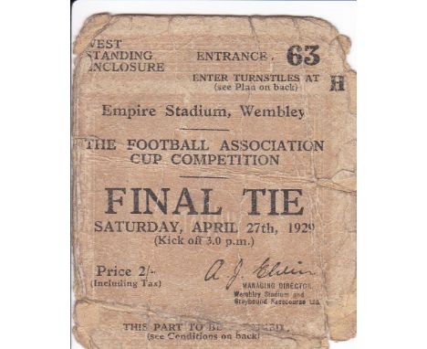 1929 CUP FINAL TICKET   Standing ticket for the 1929 FA Cup Final, Bolton v Portsmouth, ticket has numerous small tears, crea