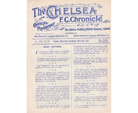 CHELSEA-WOOLWICH ARSENAL 1912   Four page Chelsea double issue home programme, v Woolwich Arsenal, 25/3/1912, South Eastern L