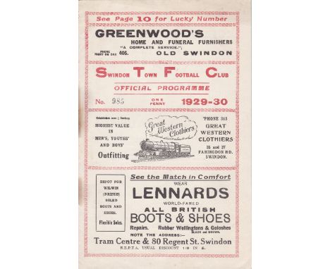 SWINDON-TORQUAY 1929   Swindon home programme v Torquay, 12/10/1929, rusty staple marks in spine area on most pages, no writi