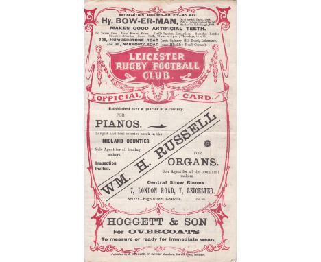 LEICESTER RUGBY 1910    Leicester Rugby Club programme, v Kendal, 27/12/1910, four page issue, Welford Road ground, folds.  G