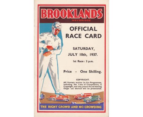 BROOKLANDS MOTOR RACING 1937  Thirty two page Brooklands Official Race Card, July 10th 1937, . Makes included Austin, MG, Ben