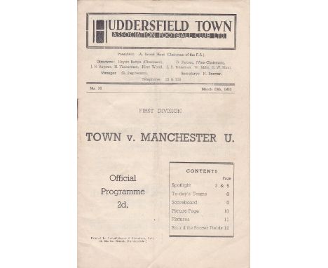 MANCHESTER UNITED      Programme for the away League match v. Huddersfield Town 25/3/1950, vertical crease.   Generally good