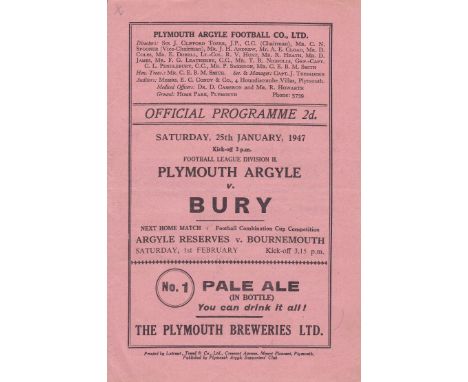 PLYMOUTH- BURY 47  Plymouth home programme v Bury, 25/1/47, slight fold, no writing.  Generally good