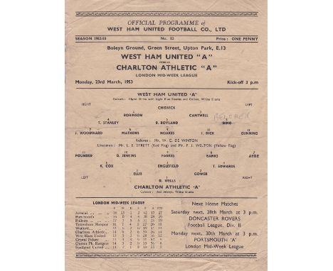 WEST HAM "A" - CHARLTON "A" 53    West Ham home programme v Charlton "A" team game, London Midweek League, Monday 23/3/53 at 