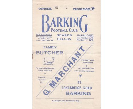 BARKING V. GOLDERS GREEN 1937     Programme for the Athenian League match at Barking 20/11/1937, slight horizontal fold.   Ge