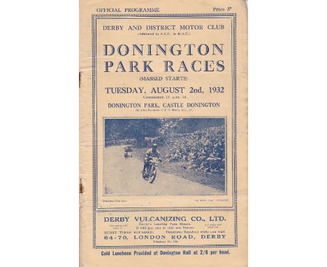 MOTOR CYCLING-DONINGTON 1932    Official programme, Donington Park Races, 2/8/1932 at Castle Donington. Twenty page programme