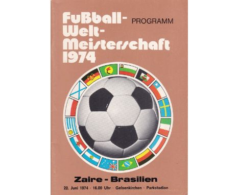 WORLD CUP 74  Official programme, Zaire-Brazil, 22/6/74 in Gelsenkirchen.    Good