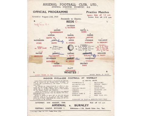 ARSENAL   1949     Single sheet Arsenal programme, practice match, Reds v Whites, 13/8/49, score, changes noted and tape mark
