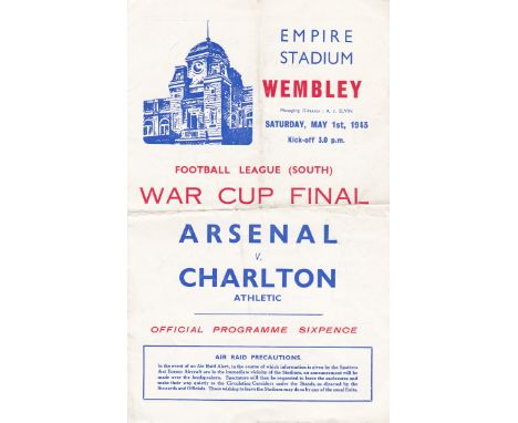 WAR CUP FINAL SOUTH     Arsenal v Charlton 1 May 1943, 4-page issue, folds with slight wear/tear, no writing.     Fair/Genera