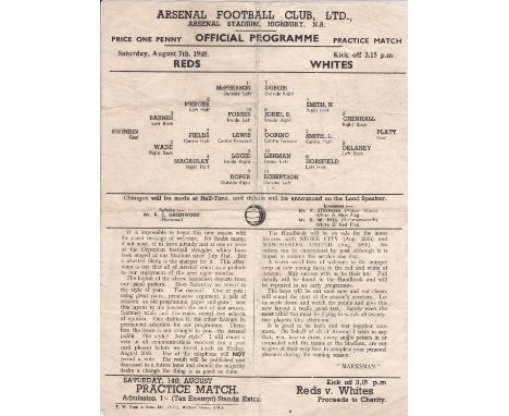 ARSENAL 48    Single sheet Arsenal programme, Practice Match, Reds v Whites, 7/8/48, folds, small tear,  no writing.   Fair