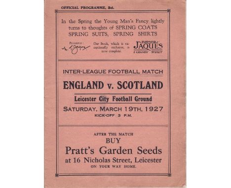 INTER-LEAGUE 1927    Official programme , English League v Scottish League, 19/3/1927 at Leicester City, Filbert Street. Larg