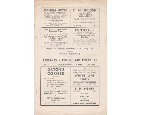 DONCASTER ROVERS      Programme for the home Friendly v. Polish Air Force XI 21/9/1946, punch holes repaired.   Generally goo