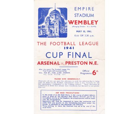 F.A CUP FINAL 1941     Arsenal v Preston 10 May 1941, 4-page issue, horizontal fold, tape repair to tears, slight wear, no wr