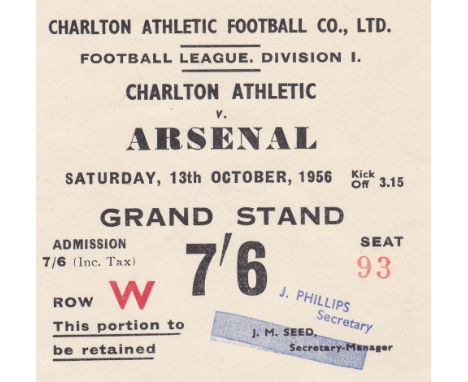 CHARLTON - ARSENAL TICKET 56   Charlton v Arsenal match ticket, 13/10/56, Grand Stand Reserved seat.   Good