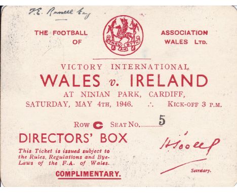 WALES V. IRELAND 1946       Directors' Box ticket for the International on 4/5/1946 at Ninian Park, Cardiff.    Good