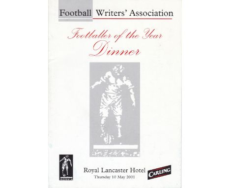 2001 FOOTBALLER OF THE YEAR    Menu for the Football Writers Association Footballer of the Year Dinner, 10/5/2001, Teddy Sher