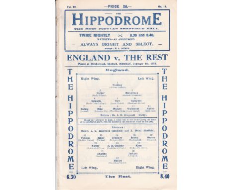 ENGLAND 1929   Sheffield Wednesday programme issued for England International Trial match, England v The Rest, 4/2/1929 at Hi
