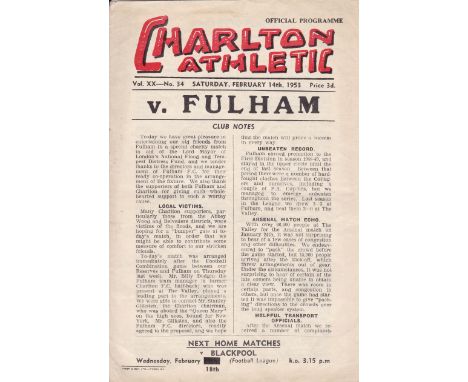 CHARLTON - FULHAM  53   Extremely scarce programme for Charlton v Fulham friendly played 14/4/53 in aid of the Lord Mayor of 