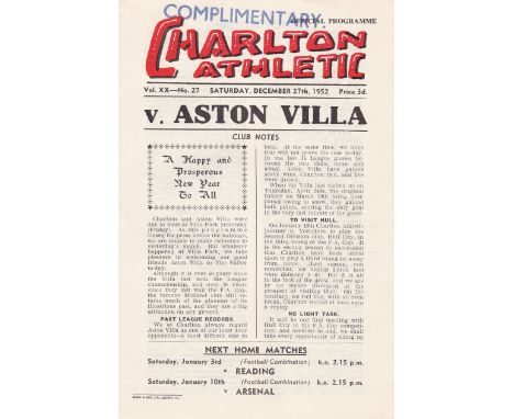 CHARLTON- ASTON VILLA POSTPONED 52   Scarce programme, Charlton v Aston Villa, 27/12/52 and by coincidence the same two oppon