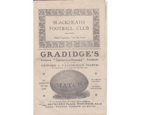 RUGBY-BLACKHEATH 1926  Blackheath home rugby programme v Leicester, 11/12/1926, slight fold.  Generally good