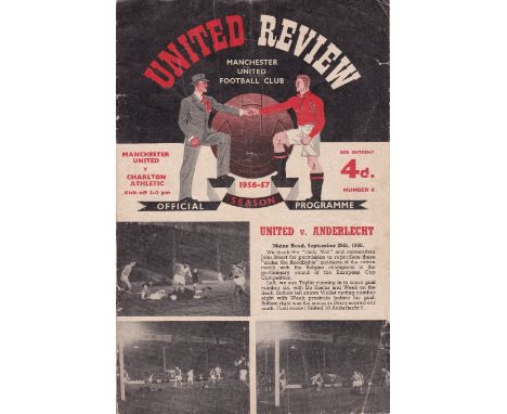 BOBBY CHARLTON AUTOGRAPHED DEBUT PROGRAMME       Home programme v. Charlton Athletic 6/10/1956 which has the token missing, m