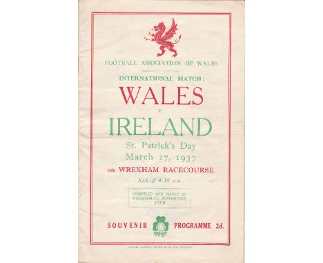 WALES-IRELAND 1937   Programme, Wales v Ireland, 17/3/1937 at Wrexham, fold, slightly rusting staples, no writing.  Generally