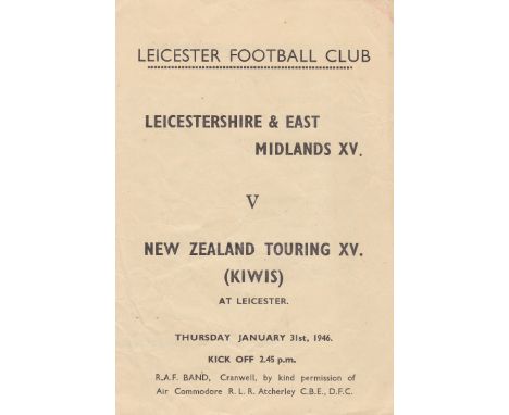 RUGBY-NEW ZEALAND 1946   Programme, Leicestershire and East Midlands v New Zealand Touring XV (Kiwis), 31/1/46 at Leicester, 