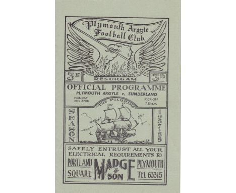 PLYMOUTH - SUNDERLAND   Plymouth home programme v Sunderland, 28/4/58, friendly for Plymouth against a Sunderland team soon t