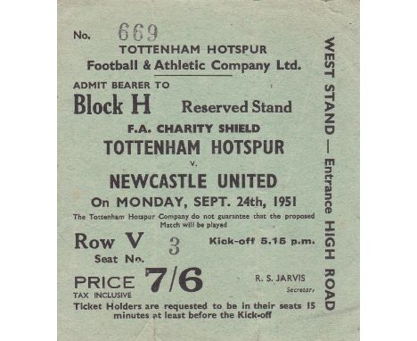 TICKET-CHARITY SHIELD 1951    Ticket for FA Charity Shield match, Tottenham v Newcastle, 24/9/51 at White Hart Lane, Monday e