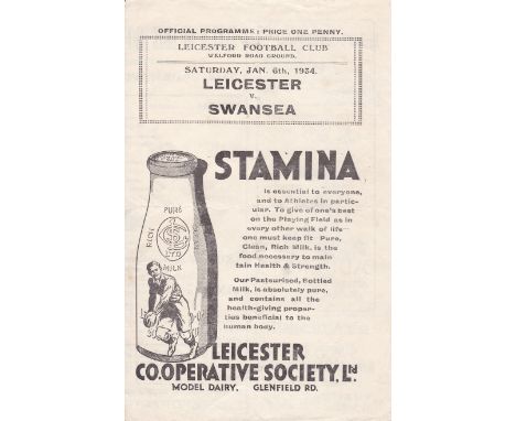 LEICESTER RUGBY 1934   Leicester Rugby Club programme v Swansea, 6/1/1934 at Welford Road, four page issue, slight fold.  Gen