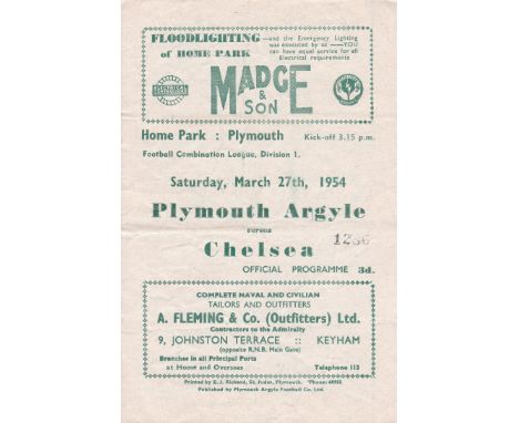 PLYMOUTH RES -CHELSEA 54   Plymouth Reserves home programme v Chelsea Reserves, 27/3/54, Football Combination. Slight fold, t