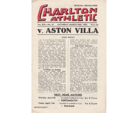 CHARLTON - ASTON VILLA 52 POSTPONED   Charlton home programme v Aston Villa, 29/3/52, match postponed due to snow. Slight fol