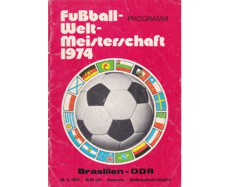 WORLD CUP 74   Official programme, Brazil v East Germany (DDR), 26/6/74 in Hannover, slight creasing.   Generally good