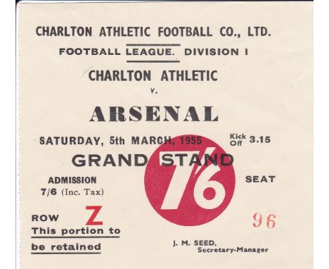 CHARLTON - ARSENAL TICKET 55  Charlton v Arsenal match ticket, 5/3/55, Grand Stand Reserved Seat.   Good
