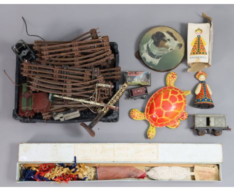 A vintage “Atlanta” kite; a Russian lithographed tinplate clockwork-operated doll, both boxed; a Mobo tortoise; a child’s tam