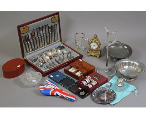 A Viners part-service of silver-plated cutlery in mahogany canteen; two pewter bowls; a cut-glass receptacle with silver lid 
