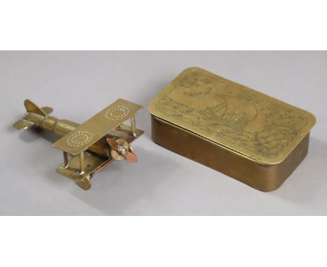 A brass model aeroplane (constructed with a shell-case), 12.5cm wide; &amp; a brass engraved rectangular trinket box, 13.75cm