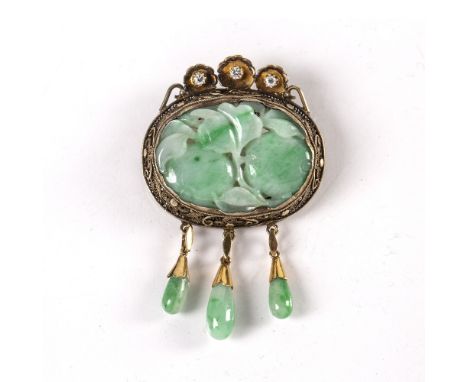 Jade enamel brooch Chinese with a central inset jade plaque carved as flowers, with three jade drops and three inset stones t