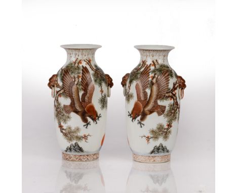 Pair of famille rose vases Chinese, Republic period (1912-1949) decorated with eagles with the talons outstretched, with call