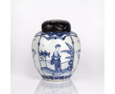 Blue and white ginger jar Chinese, 19th Century painted with alternating panels of Long Eliza and birds and foliage, beneath 