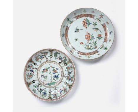Two famille verte chargers Chinese, Kangxi both with bird and foliate enamelled decoration, 36cm and 38.5cm diameter, one wit