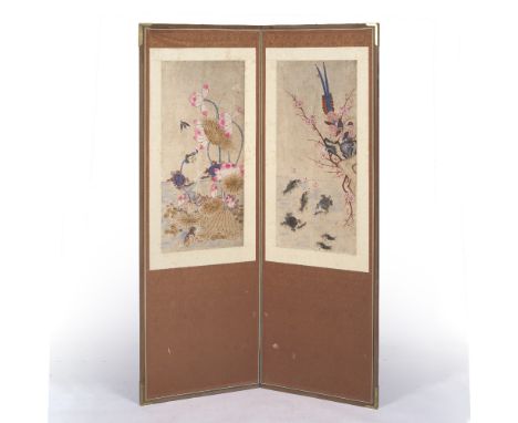Two fold Chinese screen  each panel with watercolour panel depicting fish and flowers, 108cm x 158cm overall  Condition: over