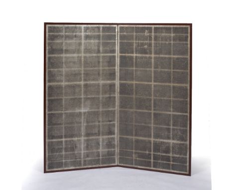 Two fold Japanese silk screen with lattice effect panel, 149cm x 154cmCondition: It is painted, not silver or gold leaf. Over