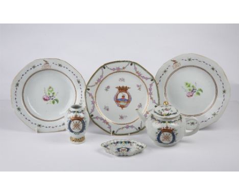 Group of armorial porcelain Chinese, 18th Century to include three famille rose dishes, largest 23.5cm, an oval spoon tray 12