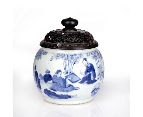 Blue and white jar Chinese, Kangxi period decorated to the exterior with men fishing and painting, with a hardwood cover, 10.