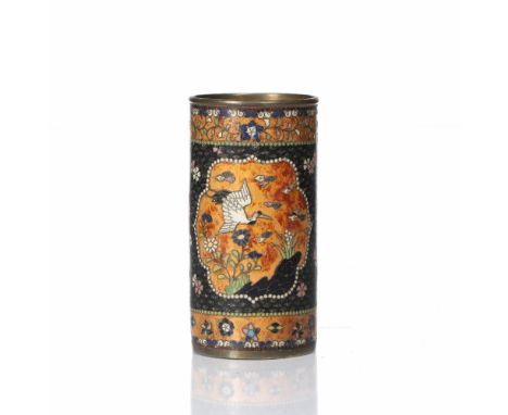 Cloisonne brush pot Chinese with  gold panels of blossom and herons on a dark ground, 15.5cm high Condition: very small holes