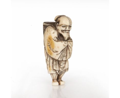 Ivory netsuke of a standing smiling farmer Japanese, 19th Century Kyoto School with hands within his robes and carrying a pro